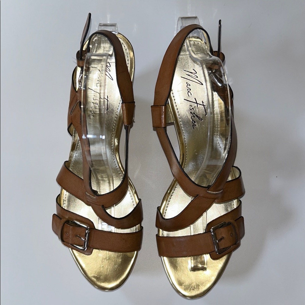Marc Fisher Brown Strappy Buckle Platform Wedge Sandals, 10M